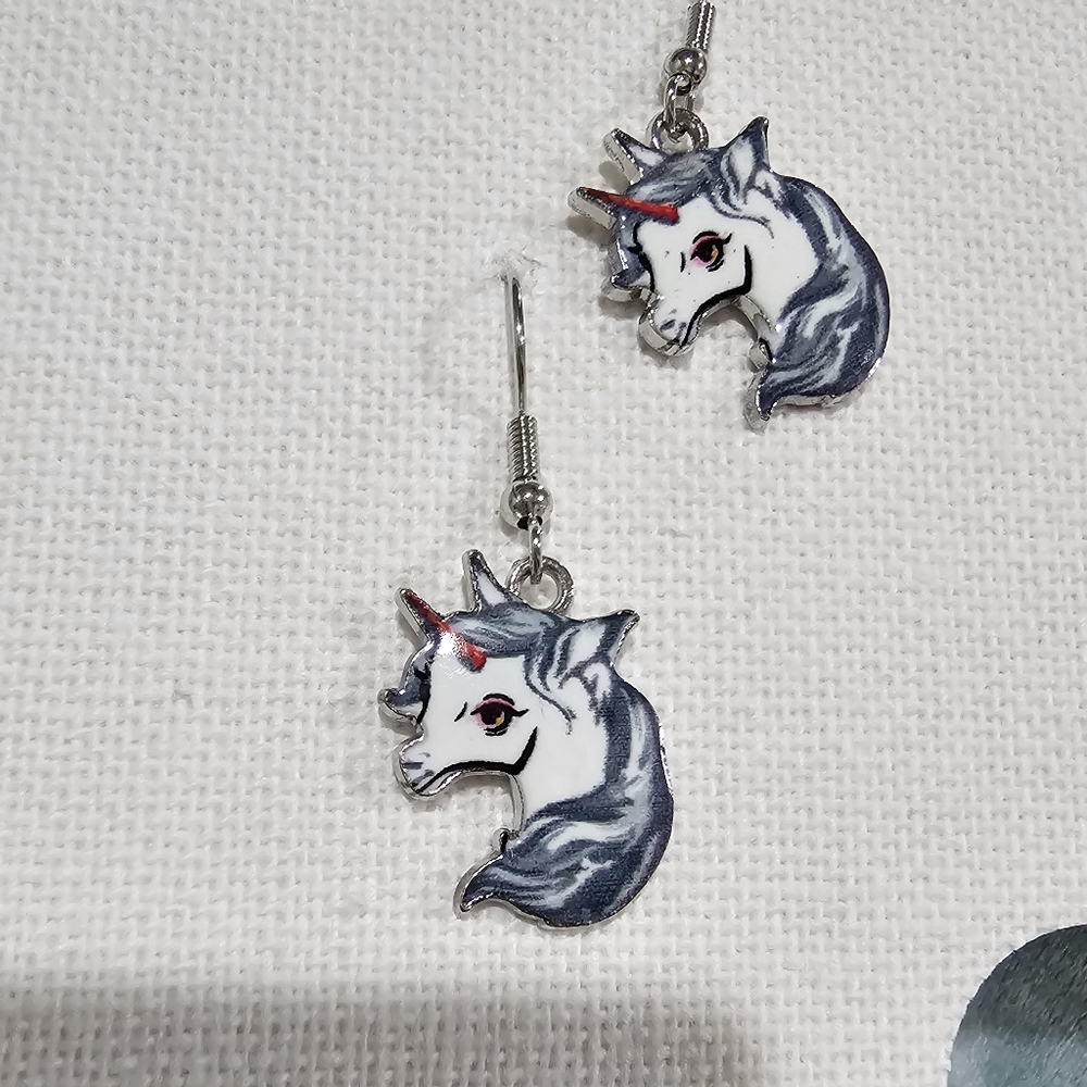 Unicorn Earrings Enamel Silver Metal NIP Gray - Picture 3 of 3